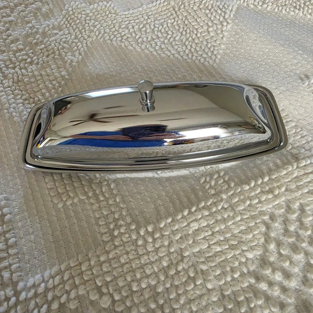 Vintage Rectangular Butter Stainless-Steel Dish with Glass Insert Chrome Metal
